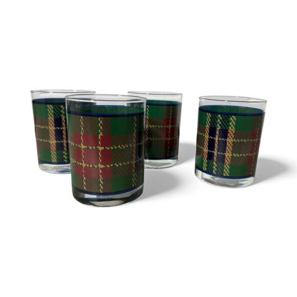 4 Scottish Tartan Plaid 8oz Glasses Whiskey Rocks Christmas Green Bar Glass - Picture 1 of 3